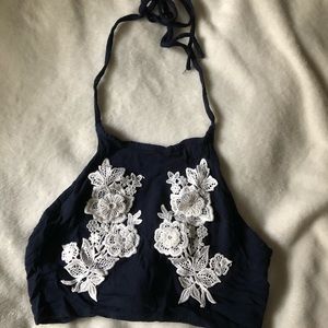 navy blue flower embroidered crop top